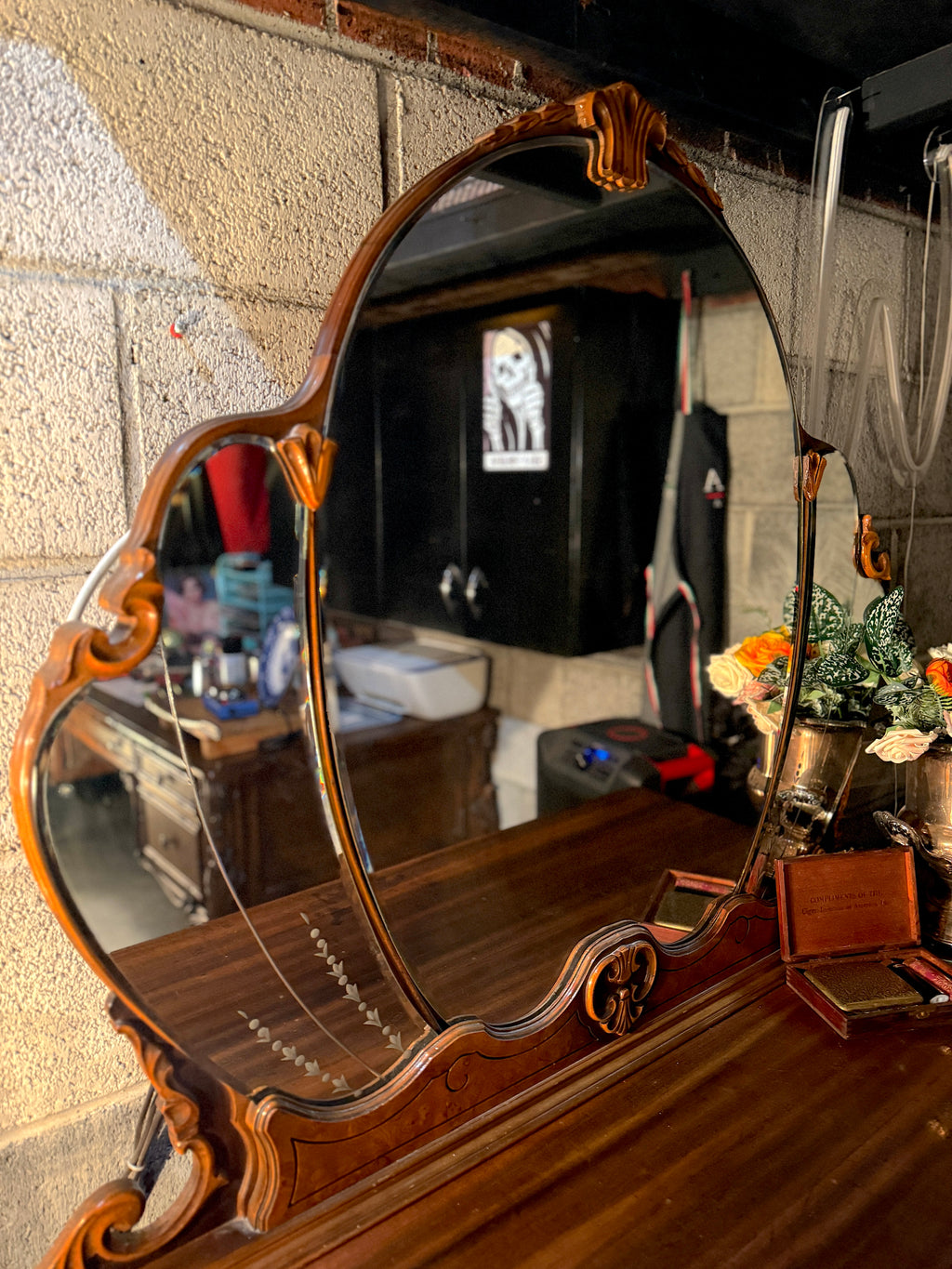 Johnson Furniture Co. Art Deco Waterfall Dresser Vanity with Triple Mirror (c. 1930s)