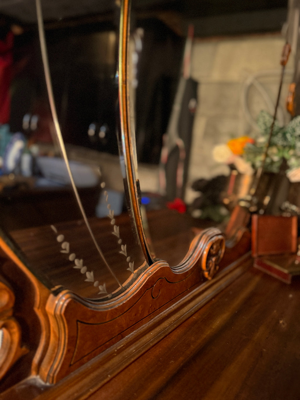 Johnson Furniture Co. Art Deco Waterfall Dresser Vanity with Triple Mirror (c. 1930s)