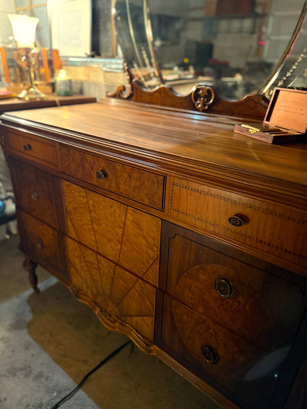 Johnson Furniture Co. Art Deco Waterfall Dresser Vanity with Triple Mirror (c. 1930s)