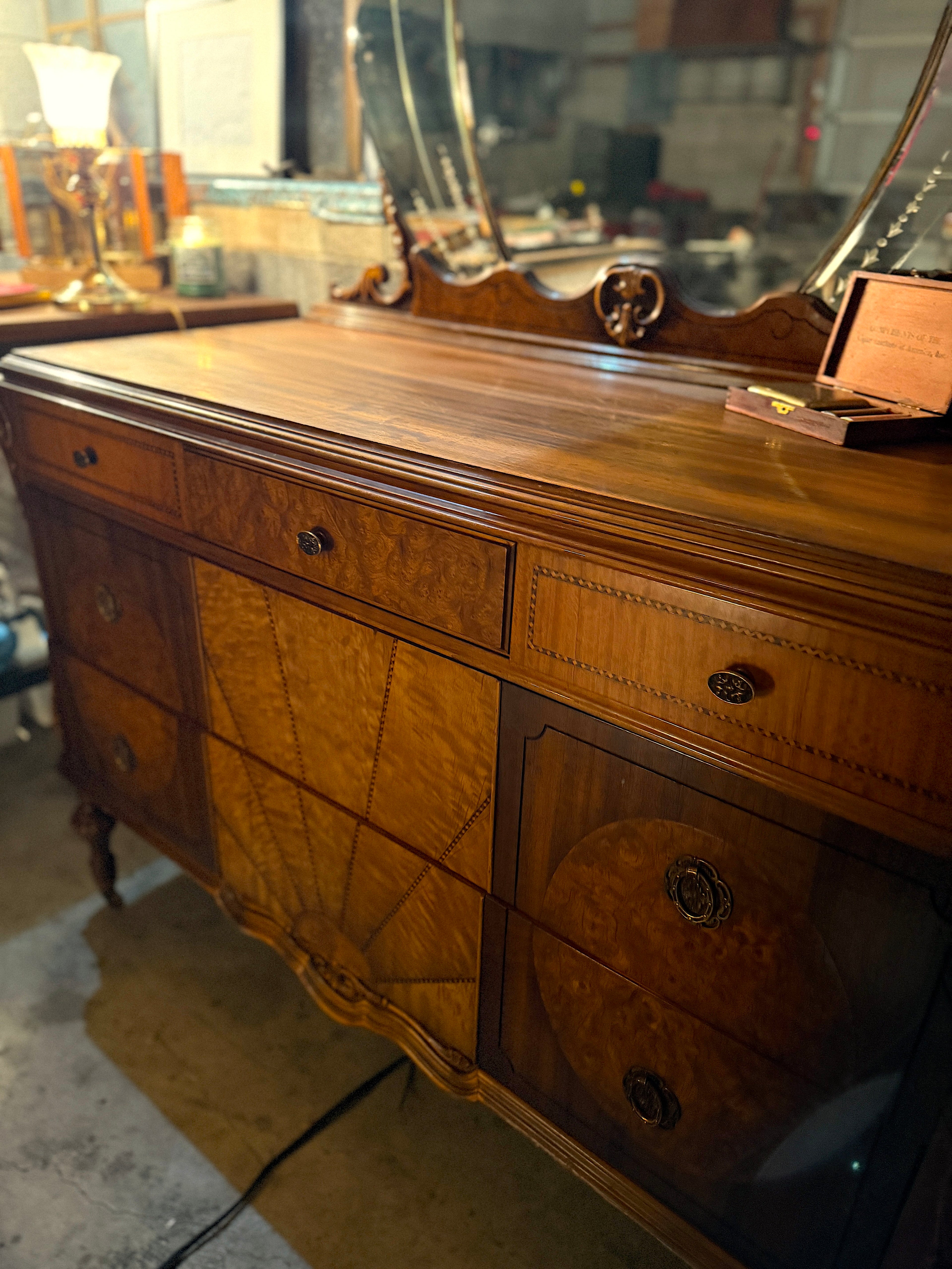 Johnson Furniture Co. Art Deco Waterfall Dresser Vanity with Triple Mirror (c. 1930s)