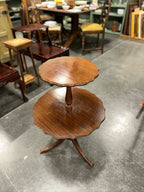 Two-Tier Mahogany Dumbwaiter Table, Scalloped Pie-Crust Edges on a Turned Baluster Column and Reeded Tripod Base, American