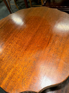 Two-Tier Mahogany Dumbwaiter Table, Scalloped Pie-Crust Edges on a Turned Baluster Column and Reeded Tripod Base, American