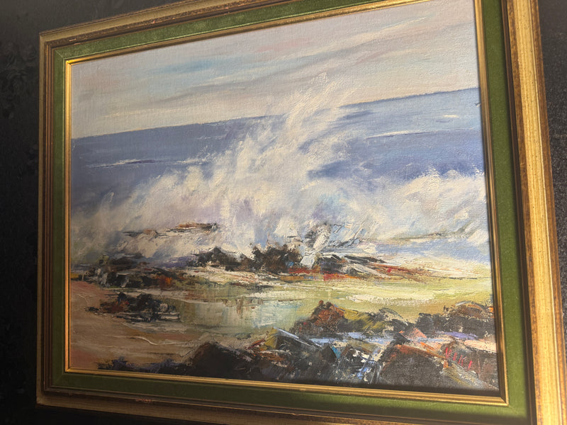Signed Mid-Century Abstract Coastal Seascape Oil Painting, Palette-Knife, "VIKI," c. 1960s–70s