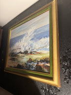 Signed Mid-Century Abstract Coastal Seascape Oil Painting, Palette-Knife, "VIKI," c. 1960s–70s
