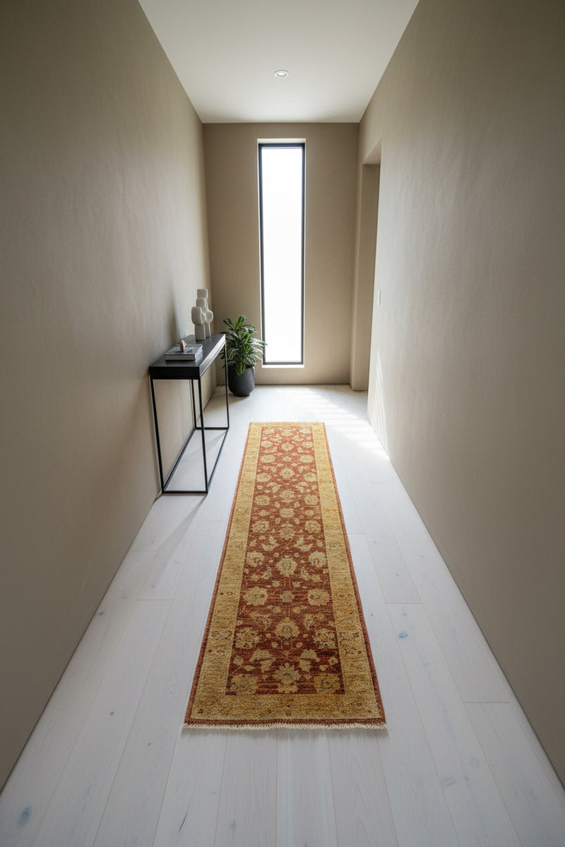 Hand-Knotted Peshawar Ziegler Wool Runner, Rust and Gold Sultanabad Design, Pakistan, 2'6" × 9'6"