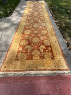 Hand-Knotted Peshawar Ziegler Wool Runner, Rust and Gold Sultanabad Design, Pakistan, 2'6" × 9'6"