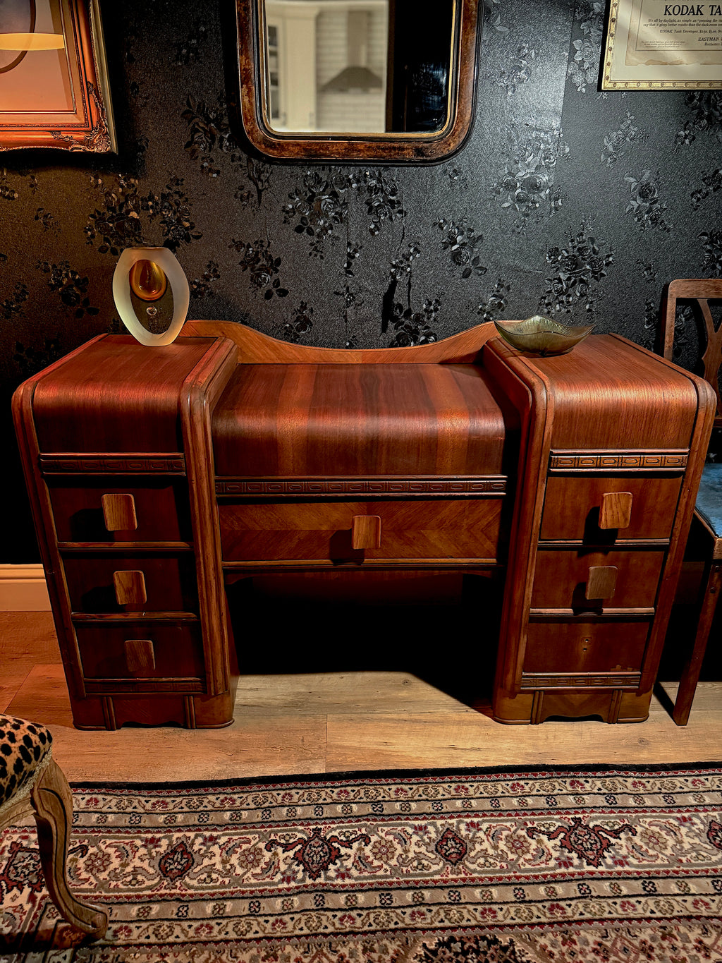 Art Deco Waterfall Vanity Desk (c. 1938–1944) — Walnut & Mahogany Streamline Moderne