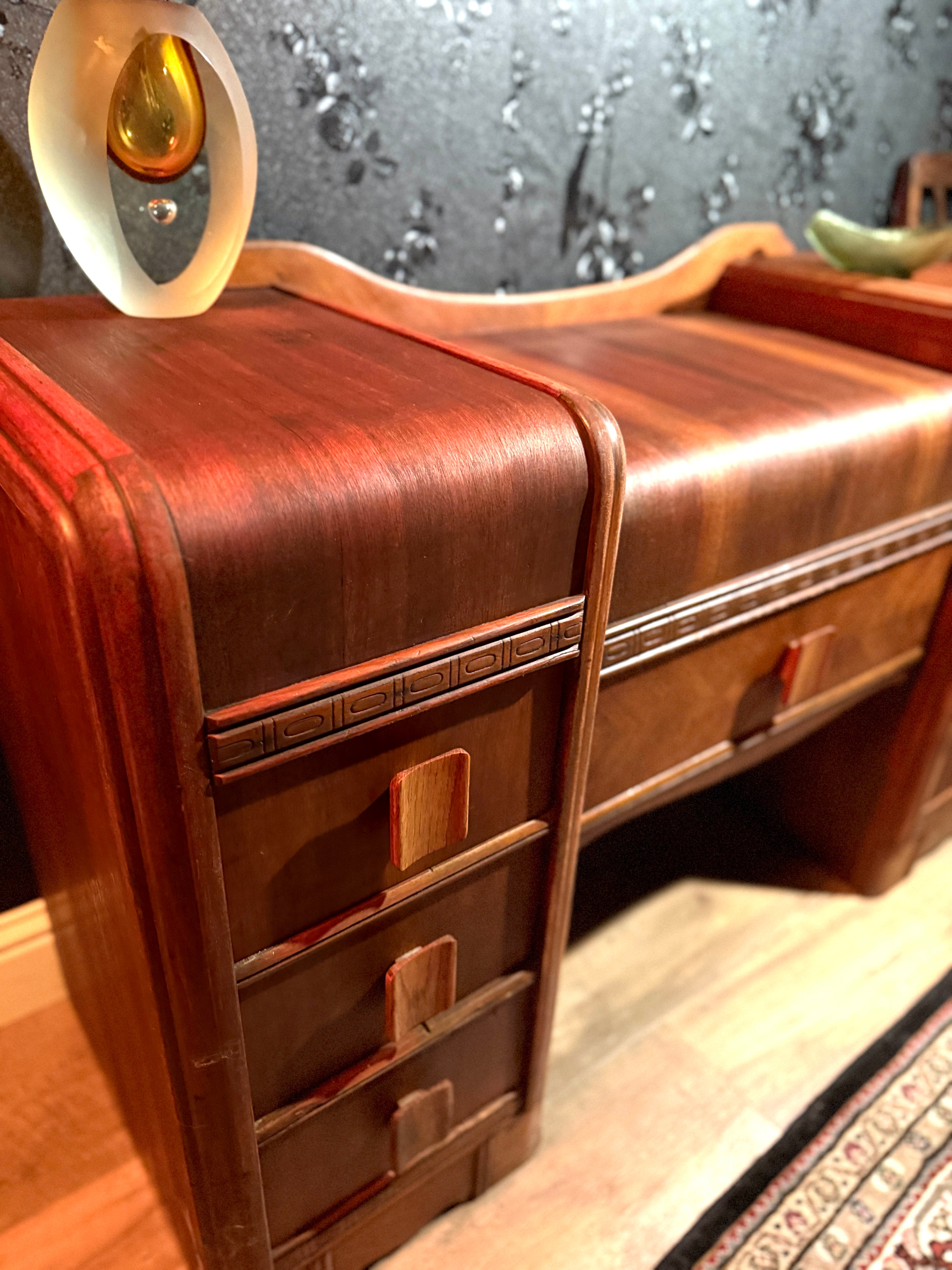Art Deco Waterfall Vanity Desk (c. 1938–1944) — Walnut & Mahogany Streamline Moderne