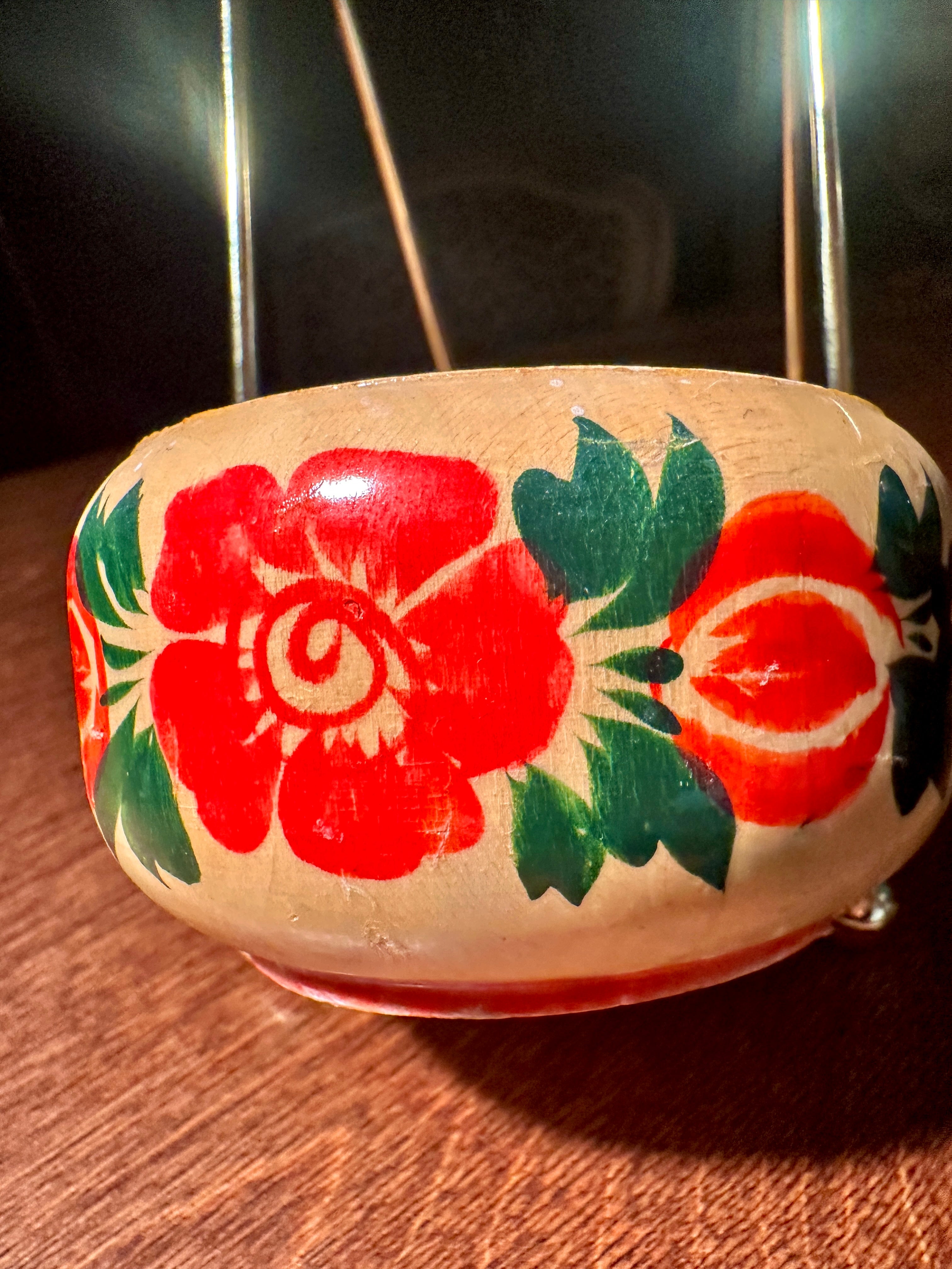 Vintage Russian Wooden Bowl | Hand-Painted Folk Art Decor