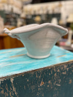 Vintage Free-Form White Craquelure Bowl, Twisted Rope Handles, Mediterranean Modern, c. 1950–1965