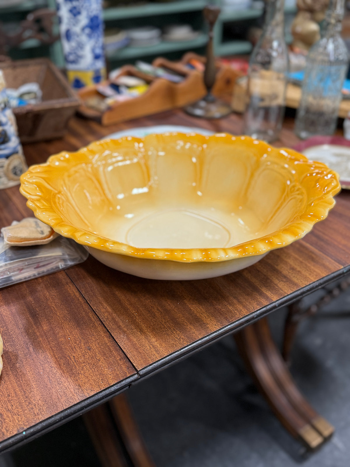 Vintage Amber Blended-Glaze Basin Bowl, Washstand Form, Scalloped Gadroon Rim, American, c. 1950–1965