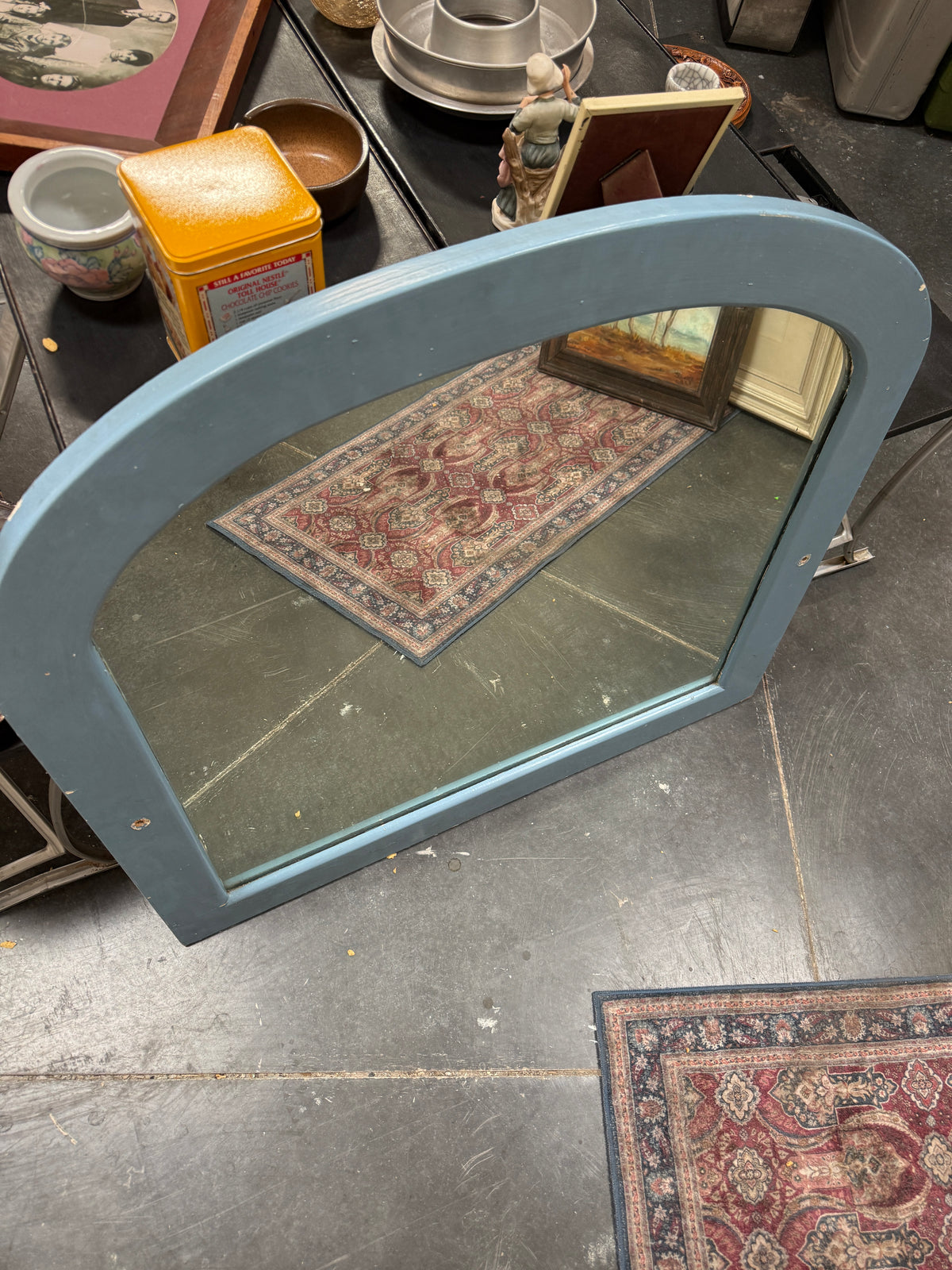 Arched Dresser Mirror in Soft Blue, Repurposed as a Wall Mirror, c. 1920–1945
