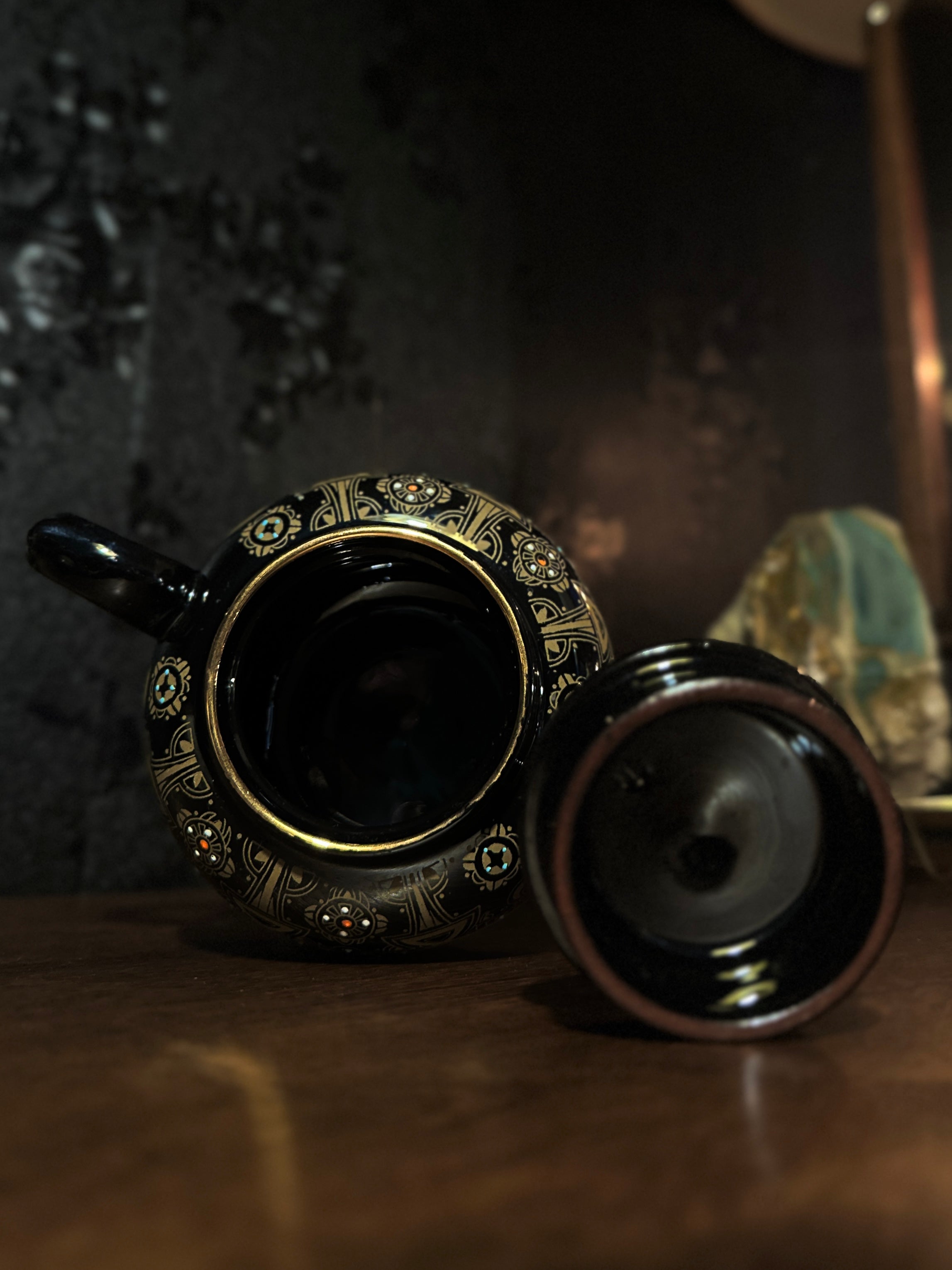 Antique Gibsons England Gilt-Decorated Black Teapot, c. 1930s