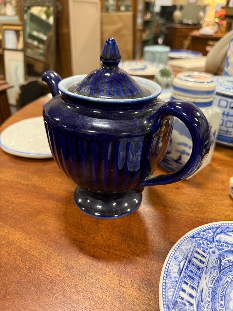 Hall China Cobalt Teapot, Ribbed Footed Form with Acorn Finial, East Liverpool Ohio, c. 1930–1950