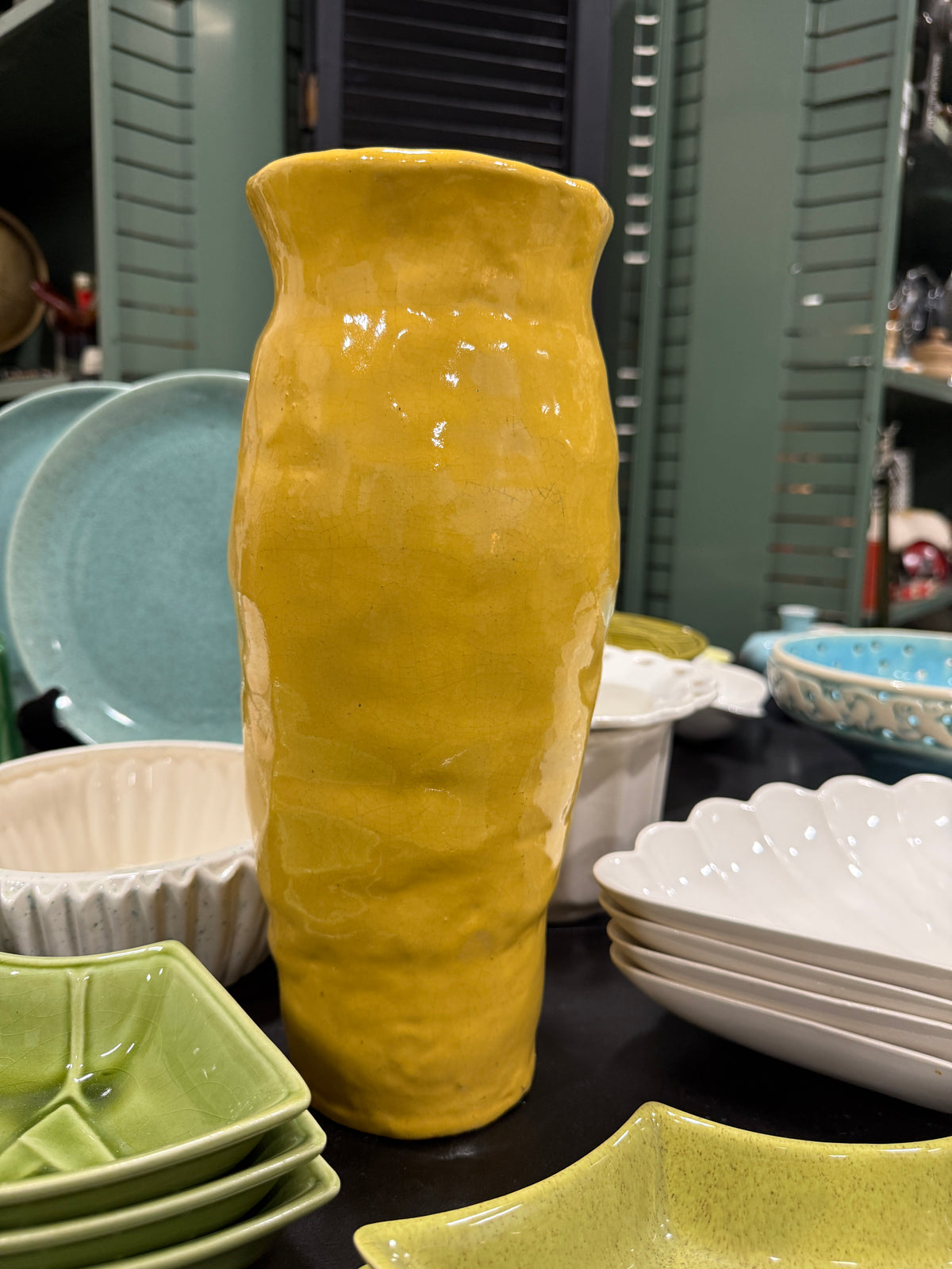 Hand-Built Studio Pottery Vase, Ochre Crackle Glaze, Artist Signed, c. 1950-1970