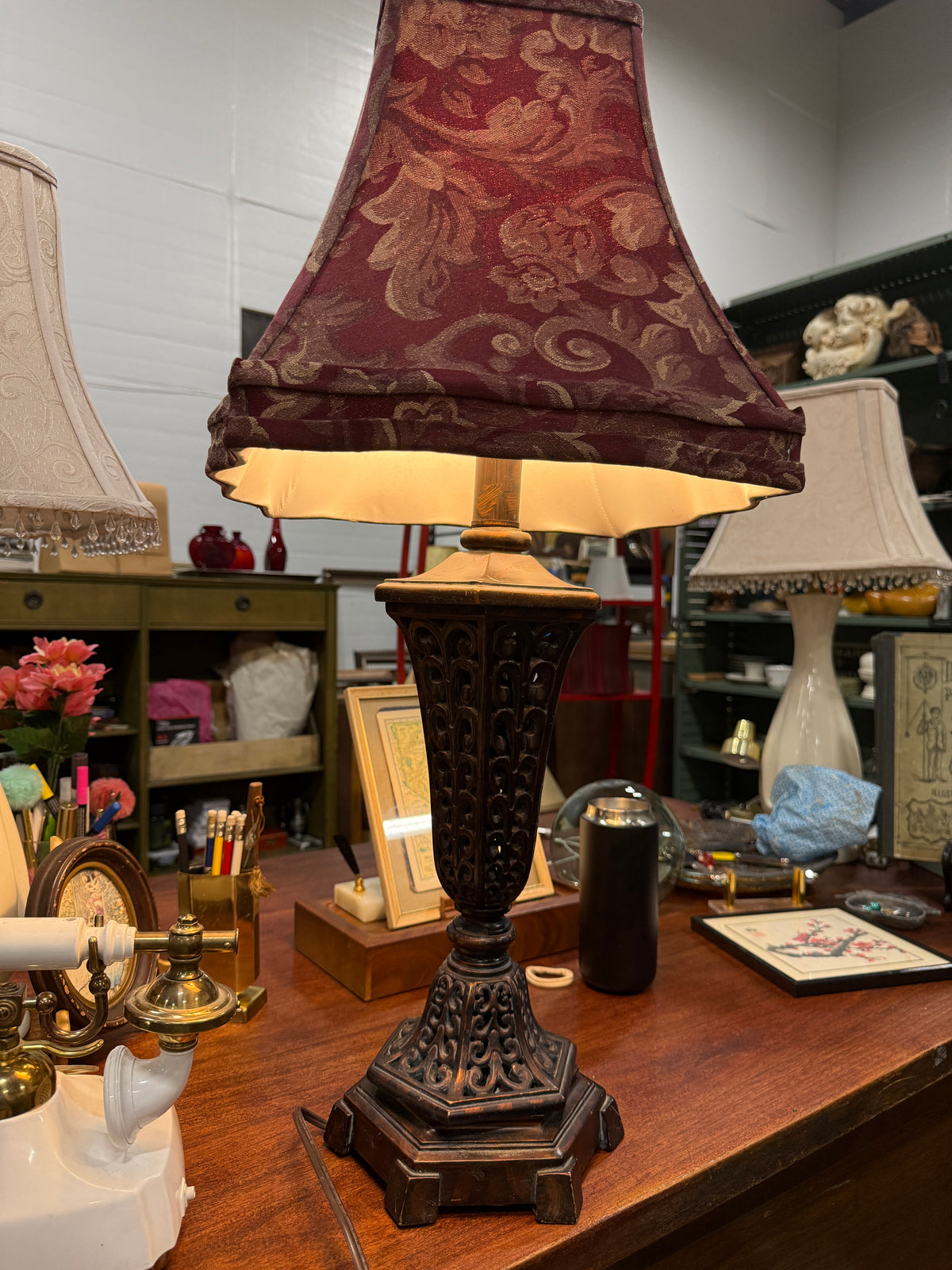 Pierced Scrollwork Table Lamp, Antiqued Bronze Finish with Burgundy Damask Shade, Old World Revival, c. 1995–2010