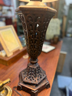 Pierced Scrollwork Table Lamp, Antiqued Bronze Finish with Burgundy Damask Shade, Old World Revival, c. 1995–2010