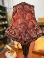Pierced Scrollwork Table Lamp, Antiqued Bronze Finish with Burgundy Damask Shade, Old World Revival, c. 1995–2010