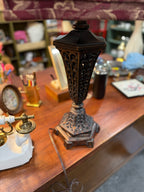 Pierced Scrollwork Table Lamp, Antiqued Bronze Finish with Burgundy Damask Shade, Old World Revival, c. 1995–2010