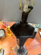 Pierced Scrollwork Table Lamp, Antiqued Bronze Finish with Burgundy Damask Shade, Old World Revival, c. 1995–2010