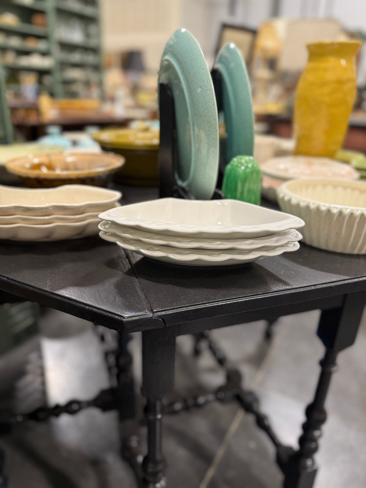 Wedge Relish Dishes, Scalloped White Glaze, California Pottery, Marked CALIF USA L-48, c. 1945–1965
