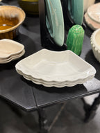 Wedge Relish Dishes, Scalloped White Glaze, California Pottery, Marked CALIF USA L-48, c. 1945–1965