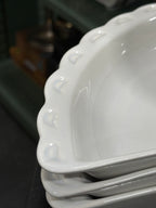 Wedge Relish Dishes, Scalloped White Glaze, California Pottery, Marked CALIF USA L-48, c. 1945–1965