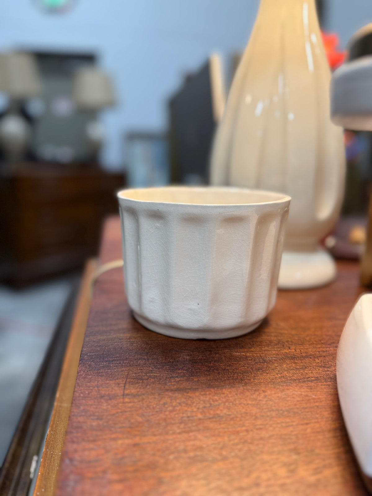 Paneled White Cachepot, California Pottery, Marked CALIF USA G-1, c. 1945–1955