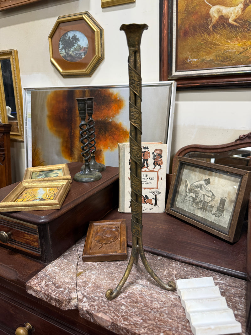 Tall Gilt Metal Candlestick, Bundled Rods with Embossed Spiral Banding and Tripod Scroll Feet, c. 1950–1960
