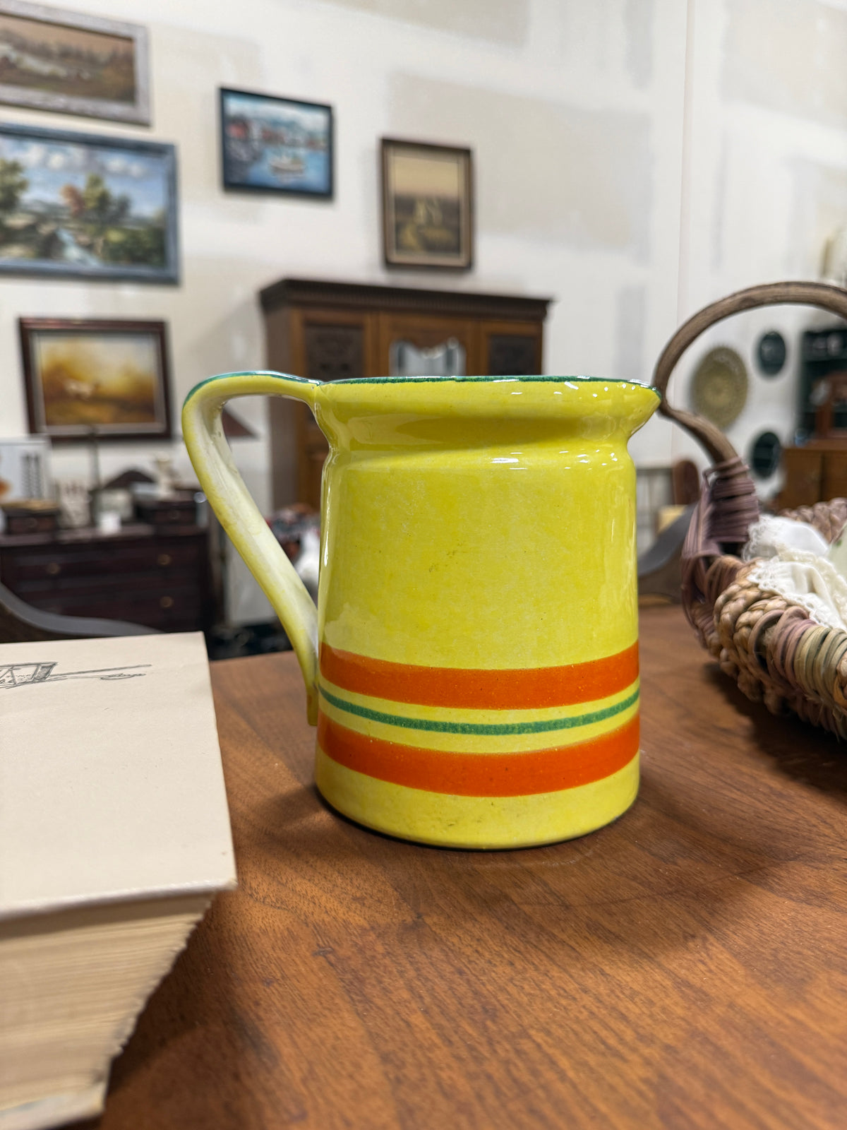 Hand-Thrown Italian Pottery Pitcher, Chrome Yellow with Orange and Green Bands, Marked Italy, c. 1955–1975