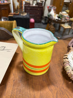 Hand-Thrown Italian Pottery Pitcher, Chrome Yellow with Orange and Green Bands, Marked Italy, c. 1955–1975