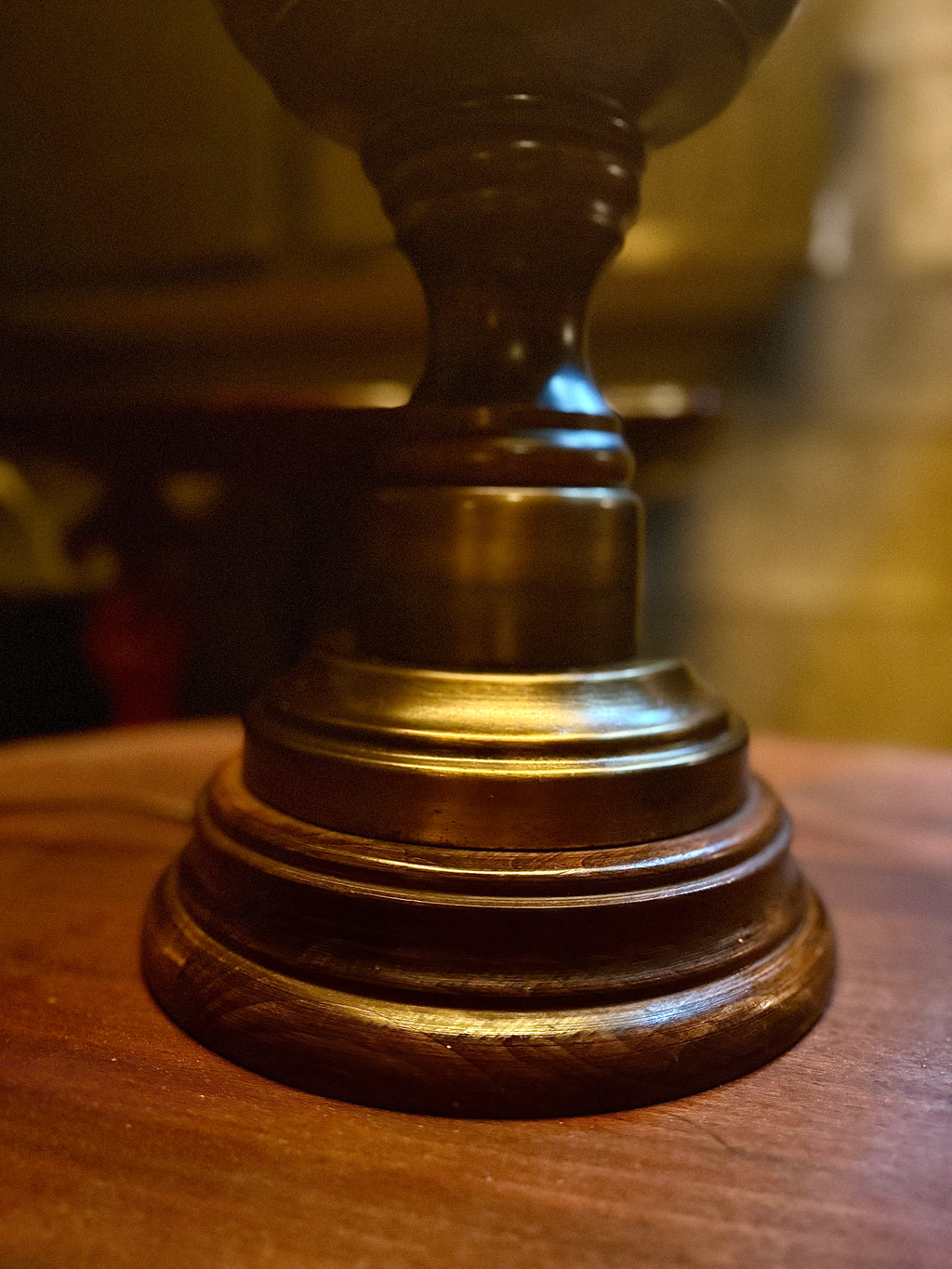 Vintage Turned Wood Table Lamp w/ Brass Collar & Parchment Shade • 1940s–50s