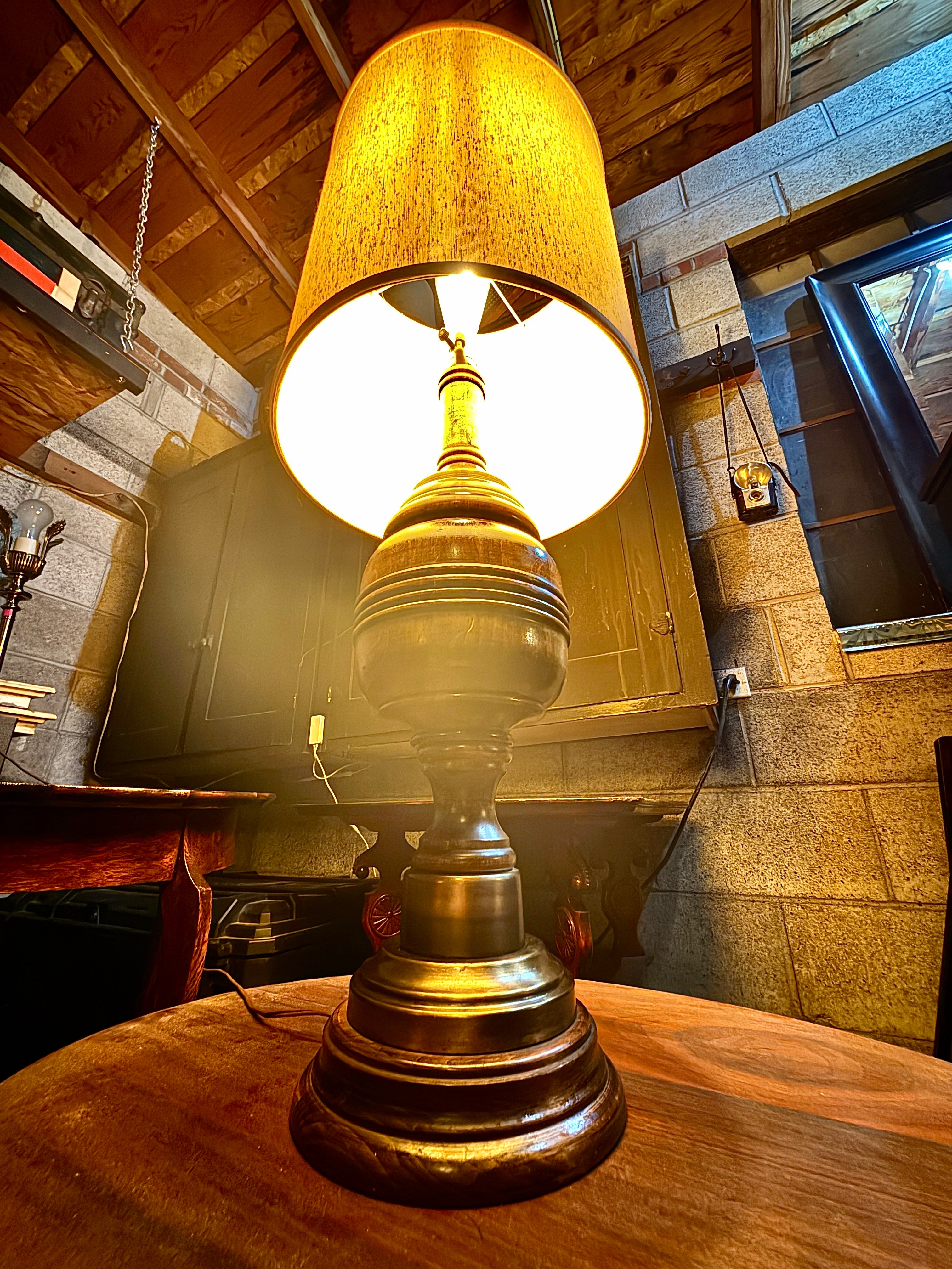 Vintage Turned Wood Table Lamp w/ Brass Collar & Parchment Shade • 1940s–50s