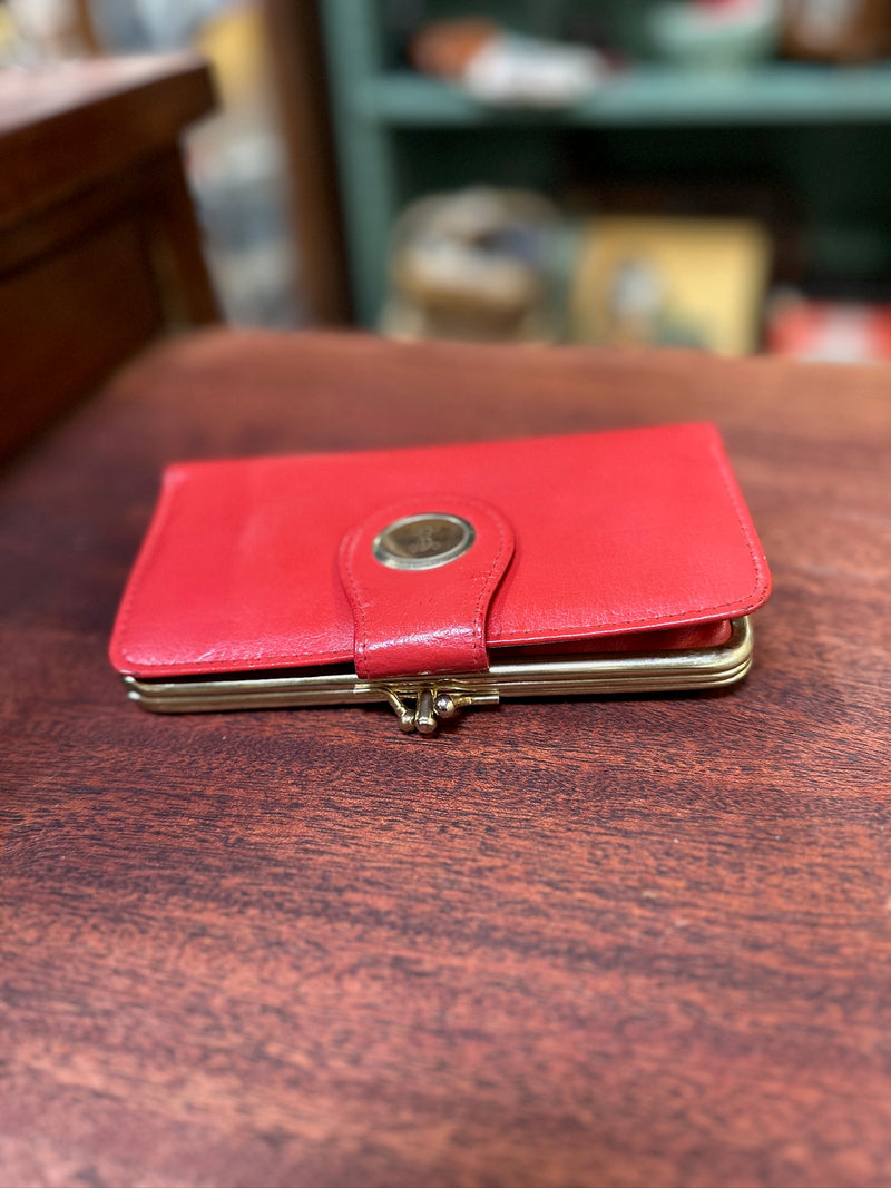 Vintage Red Leather Kiss-Lock Clutch Purse, Monogrammed, c. 1950–1975