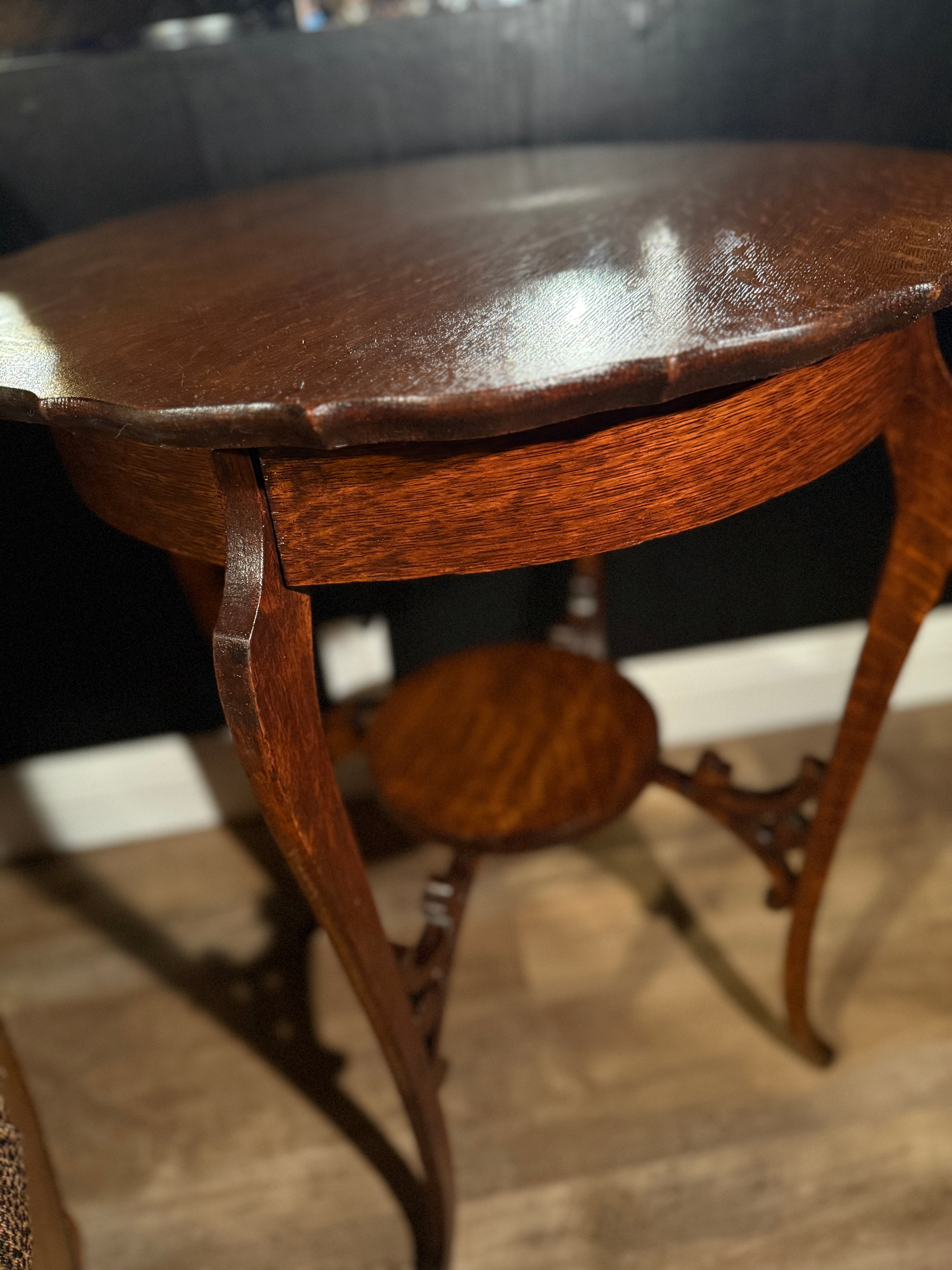 Victorian Rococo Revival Carved Wood Side Table with Cabriole Legs and Scalloped Top