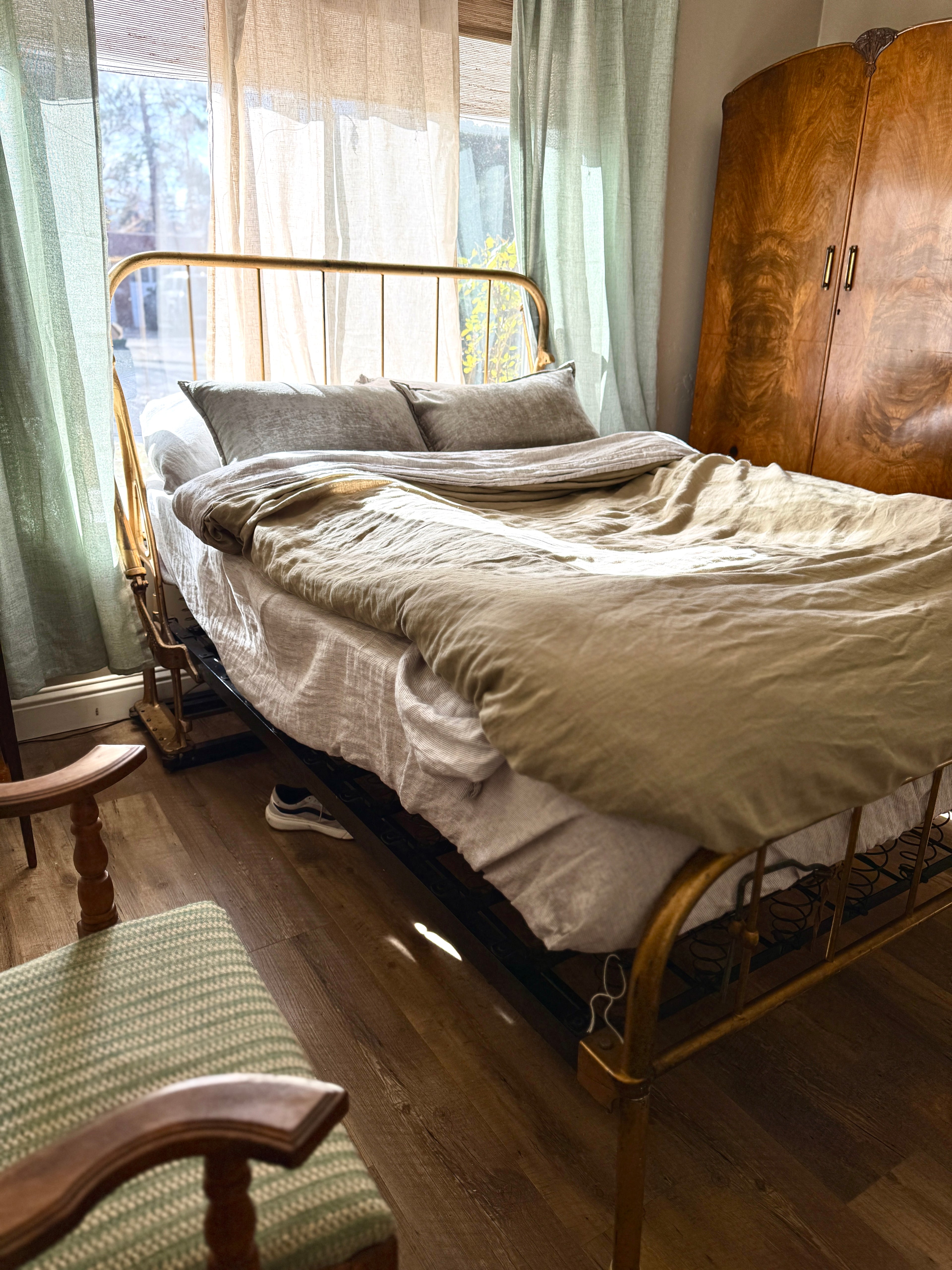 Pacific Wall Bed Frame – Vintage  Gold Steel Murphy Bed with Coil Spring Deck, Full Size c 1920s