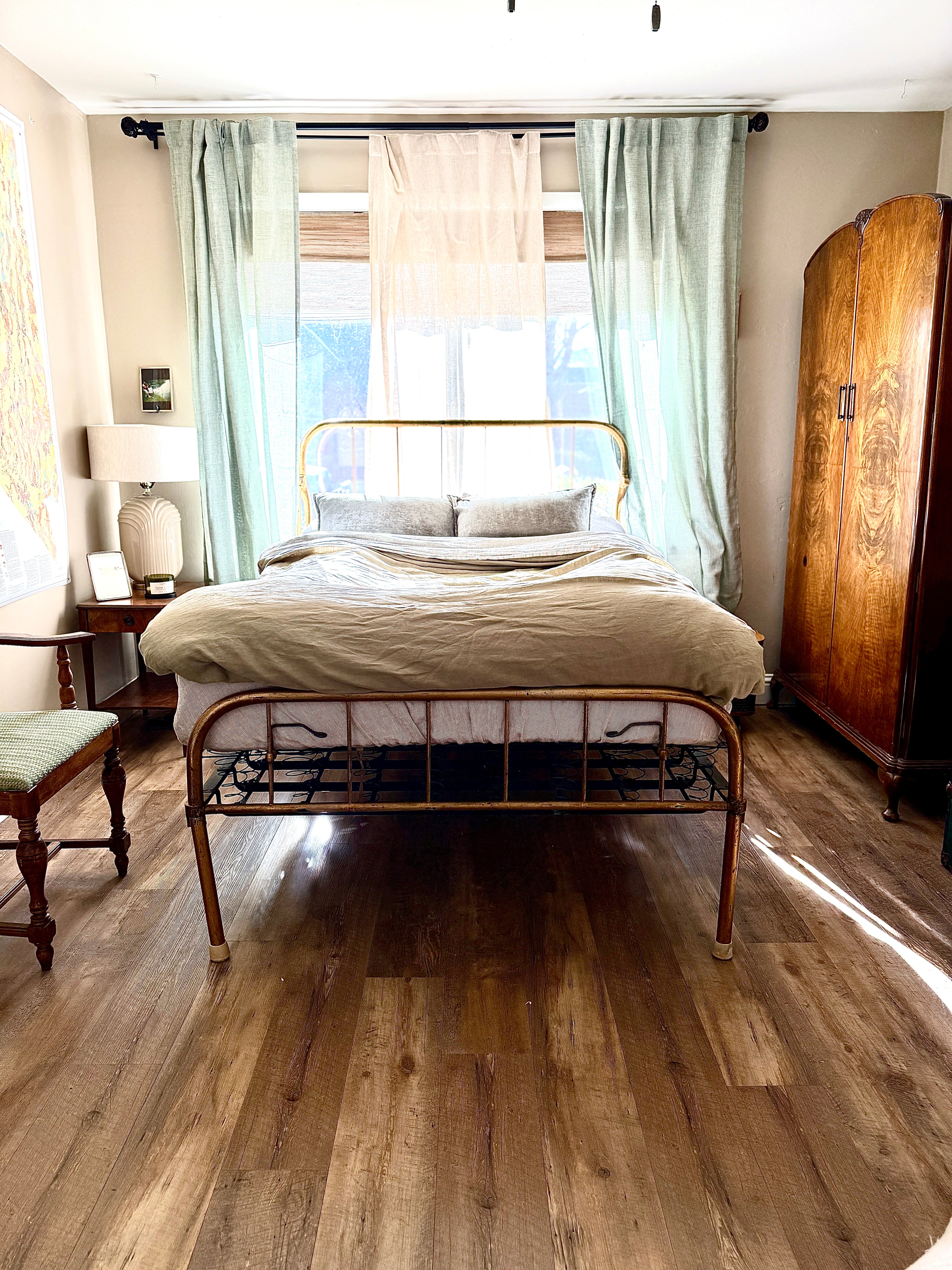 Pacific Wall Bed Frame – Vintage  Gold Steel Murphy Bed with Coil Spring Deck, Full Size c 1920s