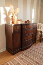Antique Robert W. Irwin "Pendleton" Flame Mahogany Bow-Front Sideboard, Federal Revival, Refinished, Grand Rapids Michigan, c. 1940–1950