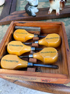 Millers Falls No. 107 Carving Tool Set, Five Tools with Oilstone in Original Labeled Box, Greenfield Mass., c. 1935–1955