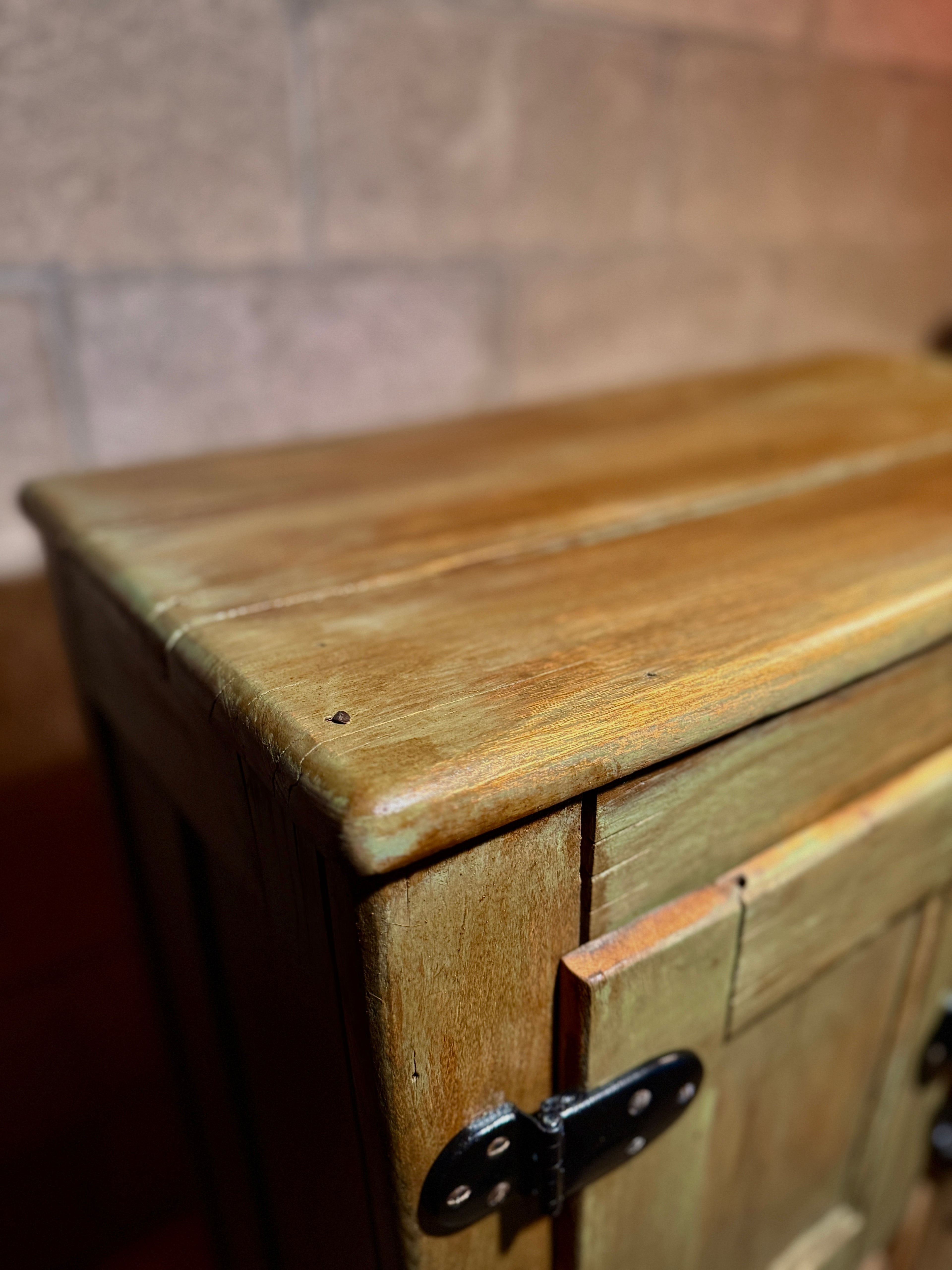 Early 1900s Cottage Ice Box Cabinet – Restored Antique Sage & Walnut Finish, Original Hardware, Galvanized Interior (c.1900–1920)