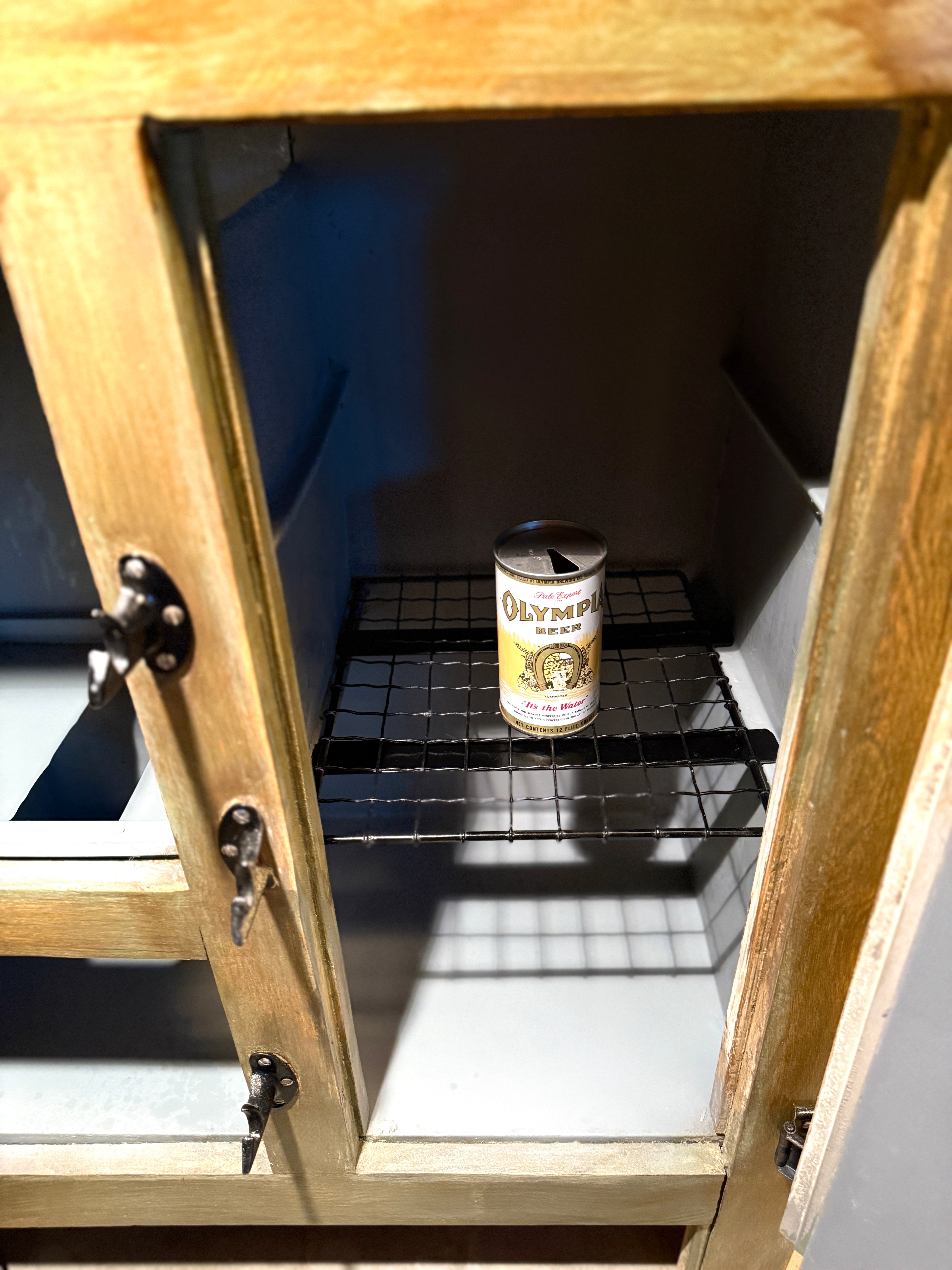 Early 1900s Cottage Ice Box Cabinet – Restored Antique Sage & Walnut Finish, Original Hardware, Galvanized Interior (c.1900–1920)