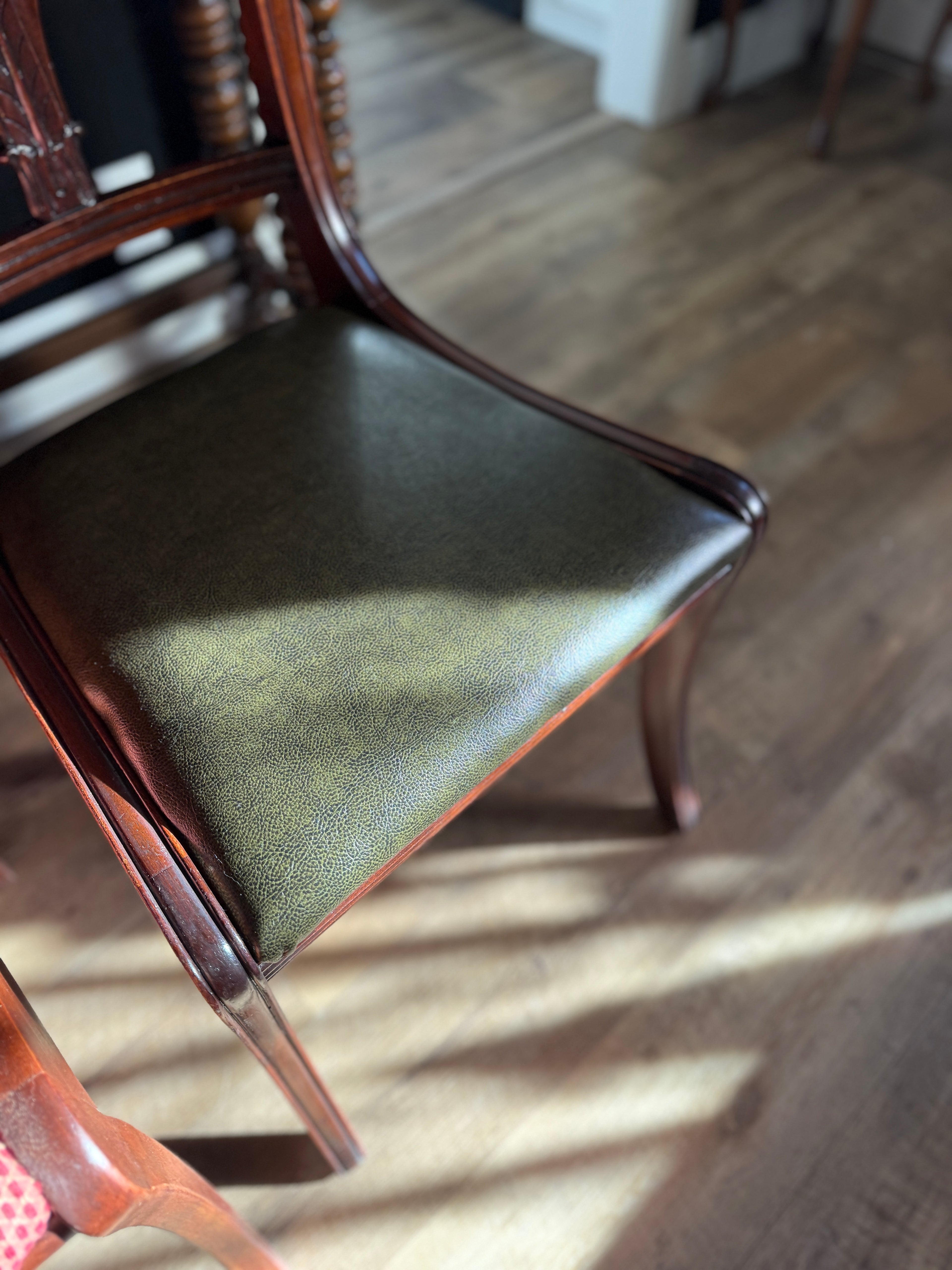 Antique Klismos-Style Accent Chair in Dark Olive Leather & Dark Walnut | Restored Early 20th-Century Seating by Viridian Eclection (c. 1900 - 1930)
