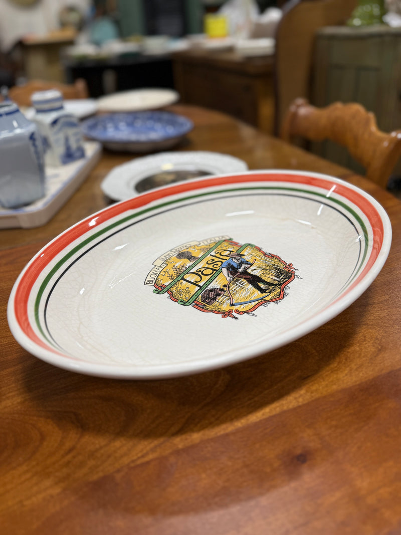 Vintage Italian "Buona Pasta" Serving Bowl, San Remo Tricolor Transfer, Oval Earthenware, Made in Italy, c. 1955–1970