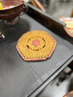 Vintage Woven Straw Trivet, Looped Rosette in Wheat and Plum, Hexagonal Folk Weave, c. 1940–1970