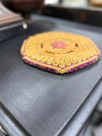 Vintage Woven Straw Trivet, Looped Rosette in Wheat and Plum, Hexagonal Folk Weave, c. 1940–1970