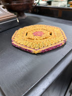 Vintage Woven Straw Trivet, Looped Rosette in Wheat and Plum, Hexagonal Folk Weave, c. 1940–1970