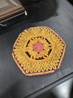 Vintage Woven Straw Trivet, Looped Rosette in Wheat and Plum, Hexagonal Folk Weave, c. 1940–1970