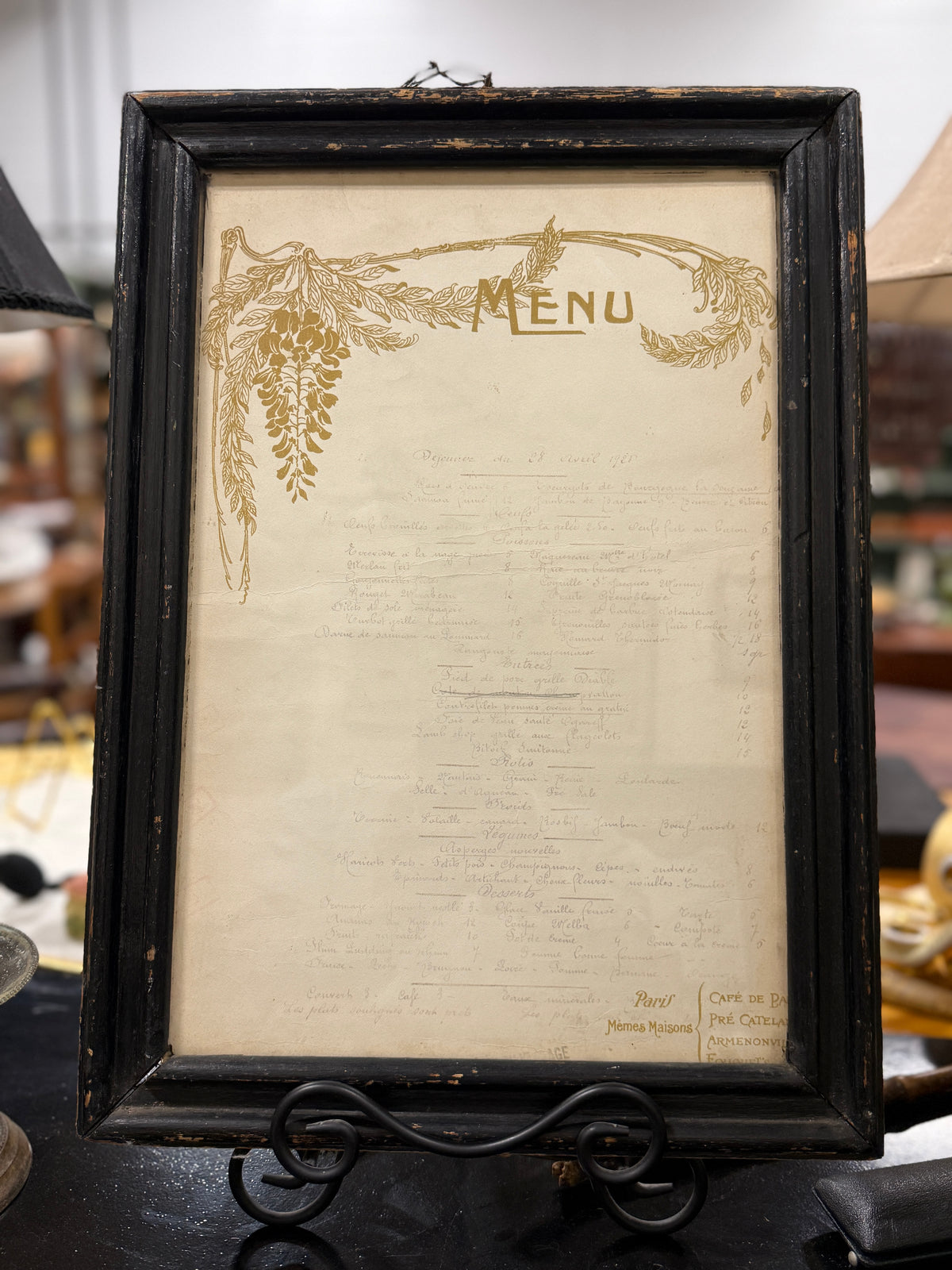 Antique Parisian Restaurant Menu, Handwritten Déjeuner Bill of Fare, Café de Paris–Fouquet's Maisons, Art Nouveau Gilt, Framed, c. 1925–1928