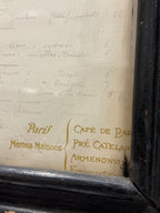 Antique Parisian Restaurant Menu, Handwritten Déjeuner Bill of Fare, Café de Paris–Fouquet's Maisons, Art Nouveau Gilt, Framed, c. 1925–1928