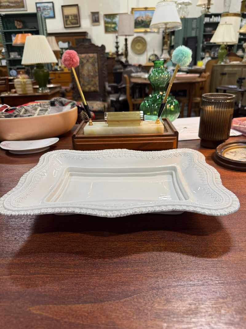 Vintage Italian Creamware Platter, Serpentine Neoclassical Relief, Anthemion and Greek Key Borders, Hand-Marked Italy, c. 1940–1965